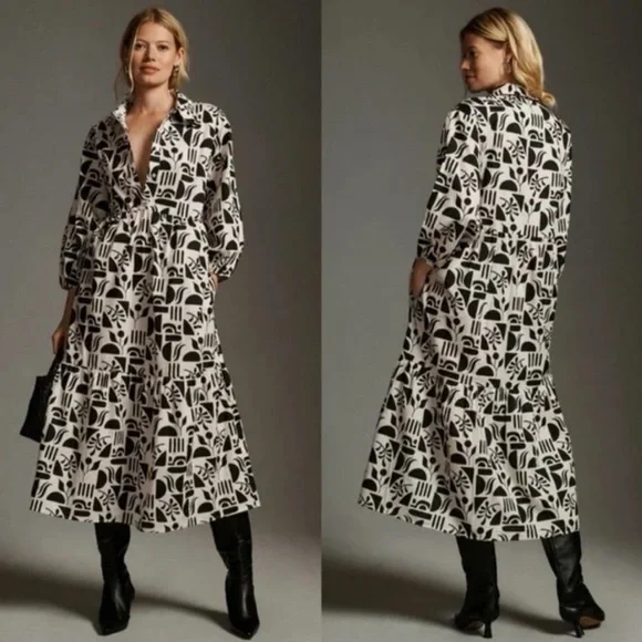 Maeve Anthropologie Bettina Black and White Graphic Long Sleeve Dress - Picture 1 of 4